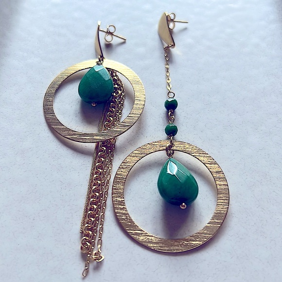 Gold & Green Faceted Stone Hoop & Chain Chandelier Earrings - NWT - Picture 4 of 4